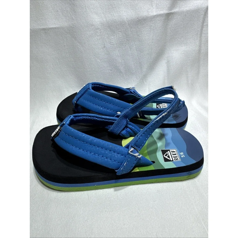 Reef ‎ 5/6 Little Ahi Flip Flops Sandals Blue Green Black Unisex Preowned